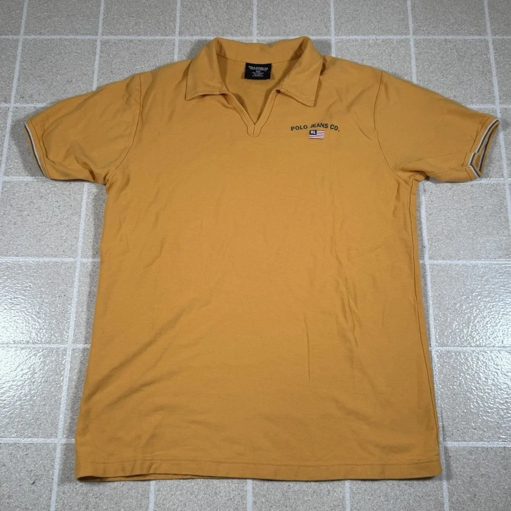 Vintage Polo Ralph Lauren Jeans Co Yellow V Neck Collar Polo Shirt Size L